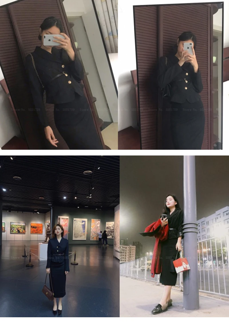 

Lady Elegant Retro Style Midi Skirt Blazer Suit Jackets Coat Women Work Uniform Set Wedding Evening Dress Party Vintage Vestidos