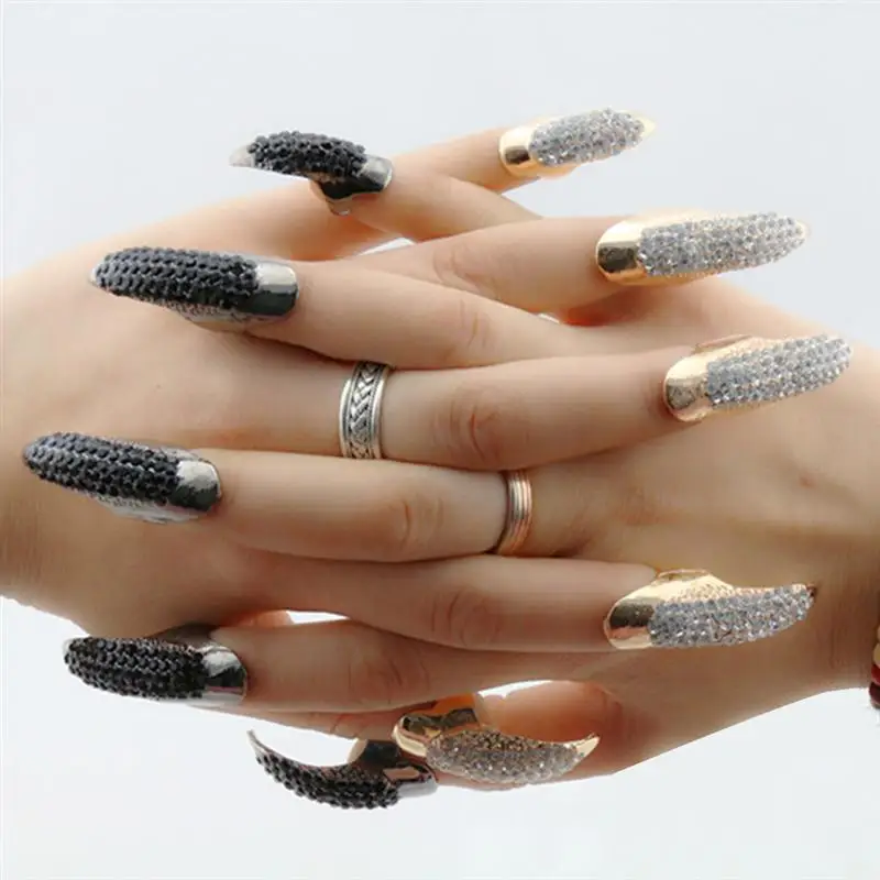 5 Pcs Rings 3 Sizes False Nail Claws Paw Finger Circles for Holiday Punk False Nail Jewelry Crystal Rhinestones Finger Rings