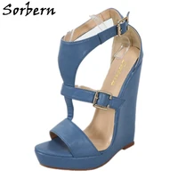 sorbern vintage blue women wedges sandal high heel platform summer shoes t strap customized size 42 unisex sandal shoes
