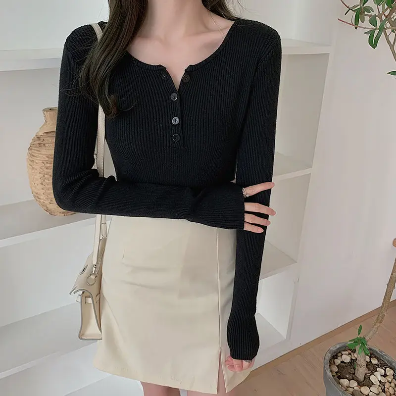 

New Autumn Winter Fashion V-neck Botton Desgin Sexy Pullovers Knitted Ladies Sweater Womens Solid Slim Long Sleeve Knitwear Tops