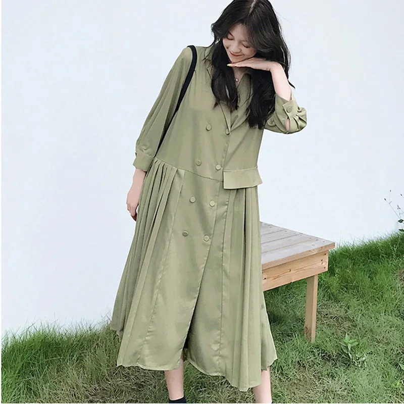 LANMREM зеленое двубортное платье-блейзер с длинным рукавом строчкой складками плюс