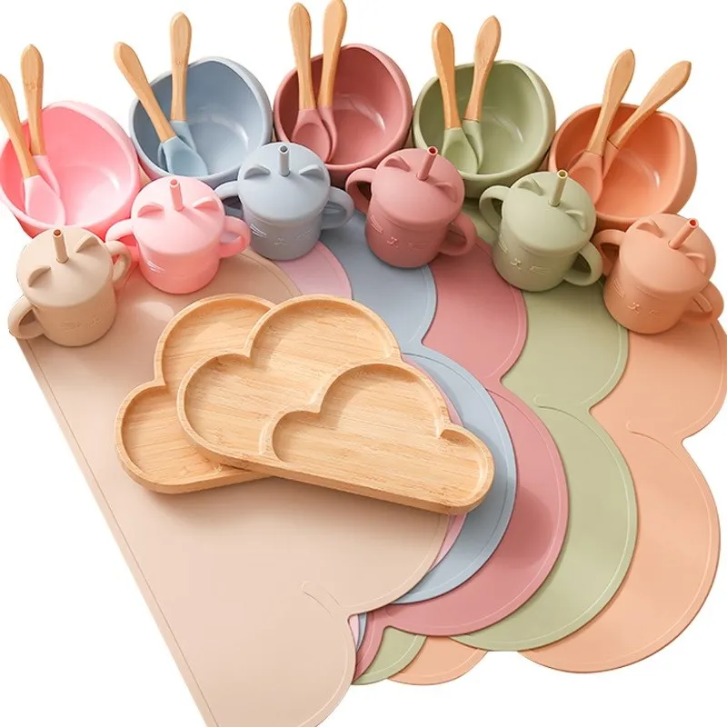 

6pc baby wooden cloud dinner plate bpa free silicone fork spoon bowl placemat water cup feeding tableware set Bamboo Dinnerware