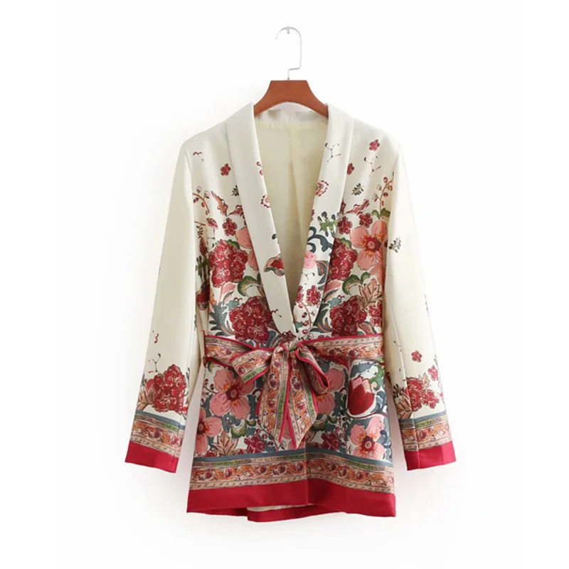 Женская куртка с поясом Повседневная белая рубашка красным цветочным узором