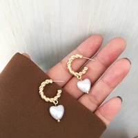 s925 needle fashion jewelry heart drop earring popular design metal alloy golden plating round simulated pearl earrings for girl