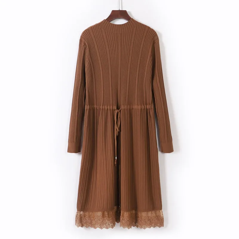 Brown XY5809 GIGOGOU кружевное платье Осень Зима Женское платье толстое теплое длинное прямое платье макси до середины икры Ретро трикотажное платье с завязками - Цвет: Brown XY5809