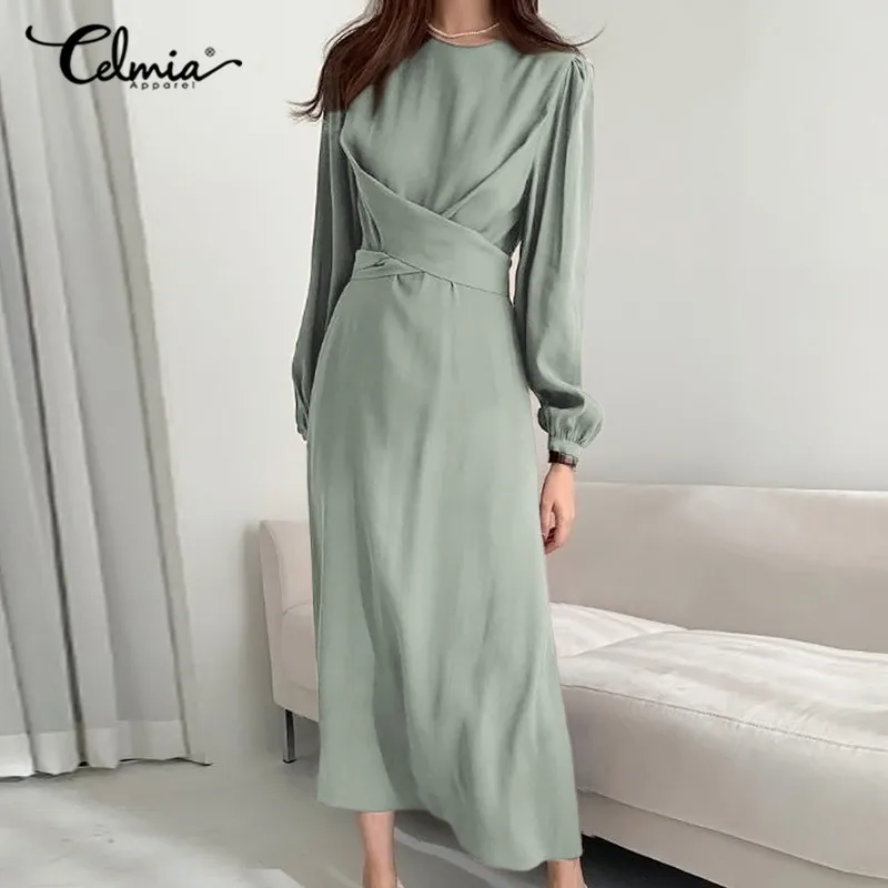 

2022 Celmia Fashion Dress Women Elegant Long Sleeve Twisted Waist Sundress Casual Solid Party Work Midi Vestidos Robe