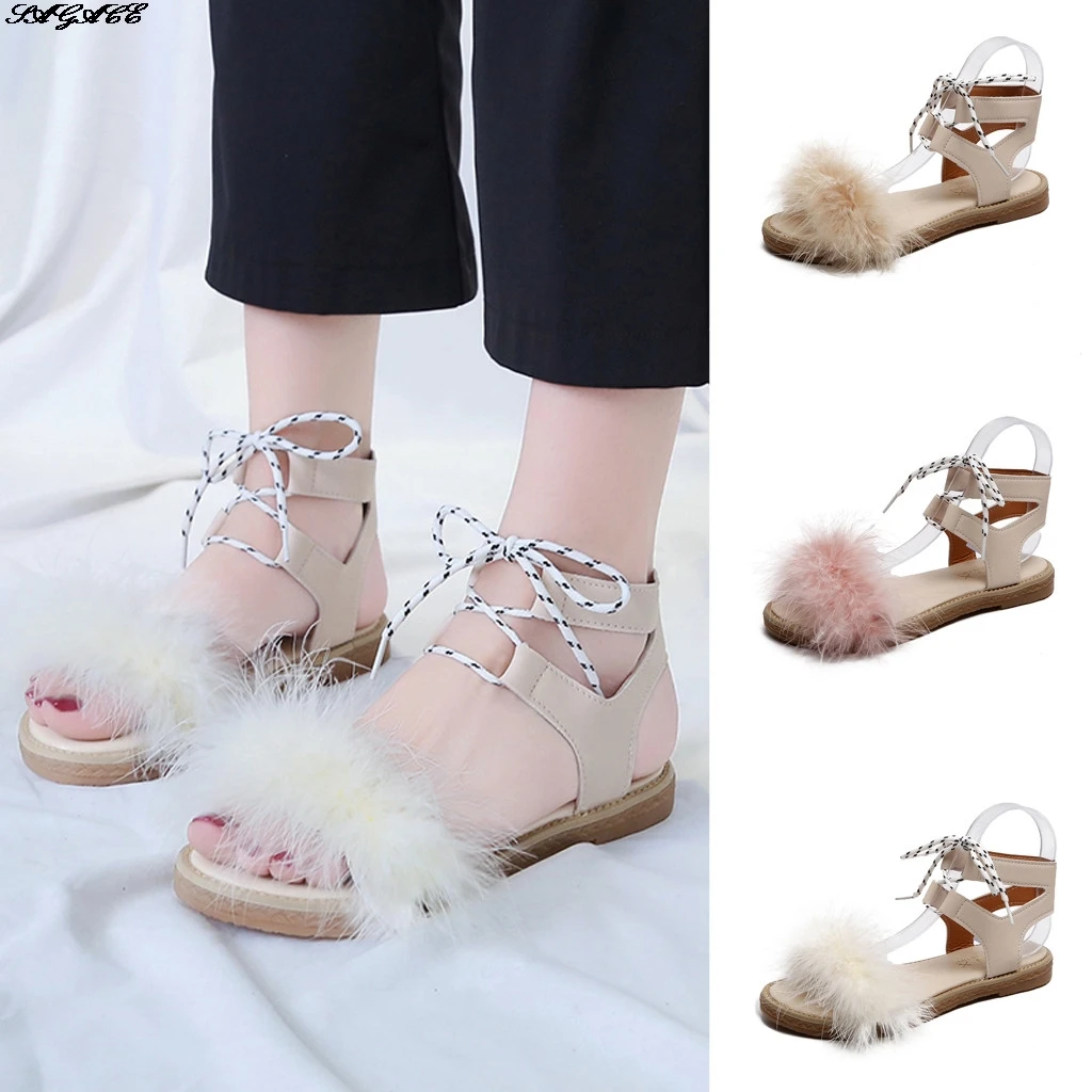 

SAGACE Women's Flat Sandals Summer Ankle Buckled Sandals Ladies Cross Strap Side Casual Shoes Hairy Toe Sandals 2020