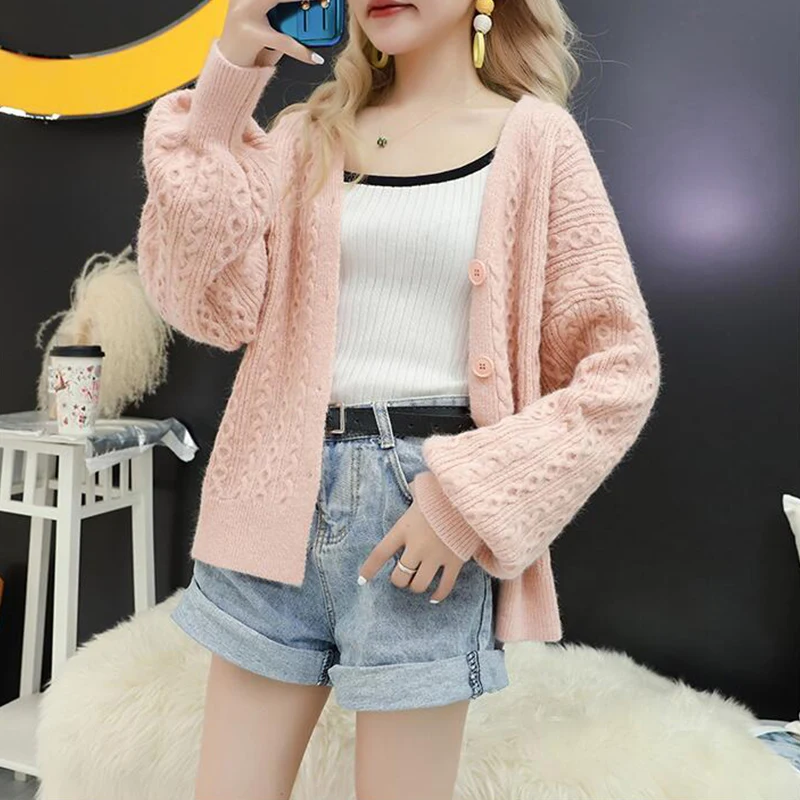 TIGENA Loose Long Sleeve Cardigan Women 2019 Autumn Winter Korean Kawaii Cute Female Knitted Jacket Pink Blue |
