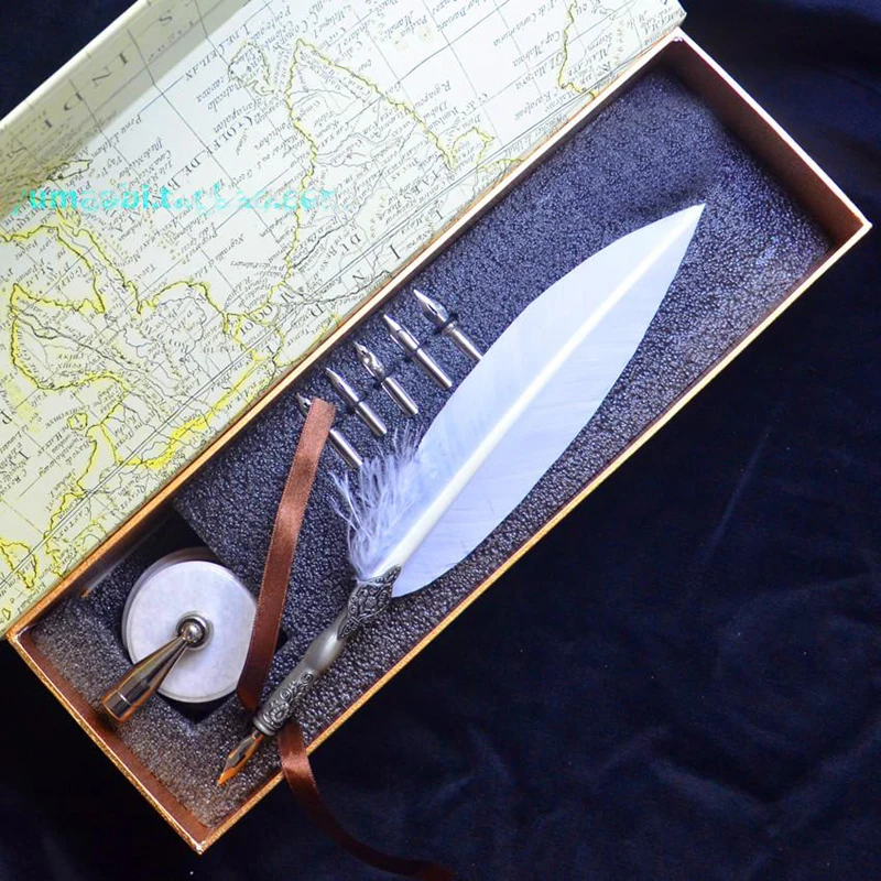 High Quality Retro Carving White Quill Feather Pen Set with Pen Holder 5 Nibs  Signature Calligraphy Wedding Gift Dip Pen