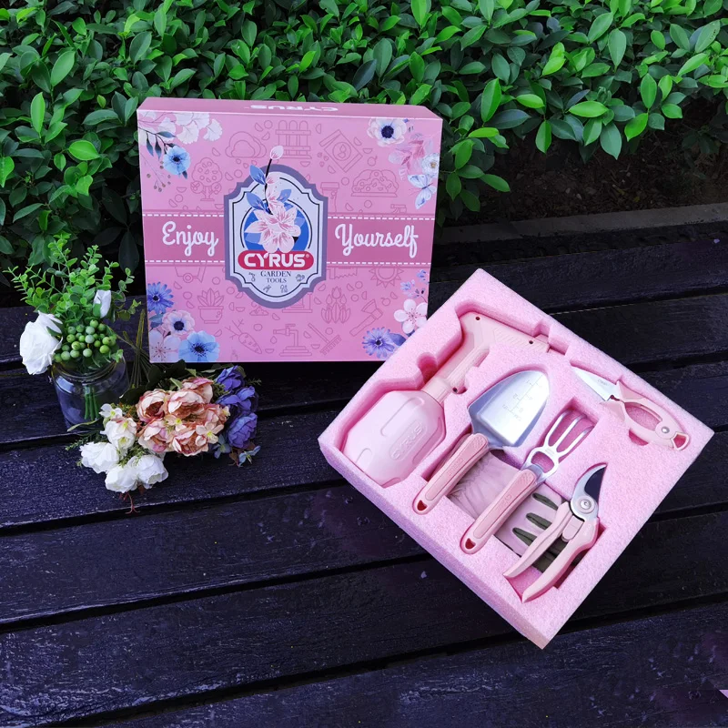 CYRUS Garden Tools Set Gardening Gloves Electric Sprayer 1L Trowel Shovel Hand 6Pcs Floral Pink Women Gift Bonsai Florist |
