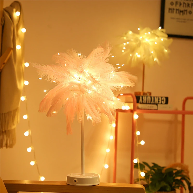

Pink Feather LED Table Lamps USB/AA Battery Power Copper Wire Feather LED Light Wedding Bedroom Girls Room Ambient Light Decor