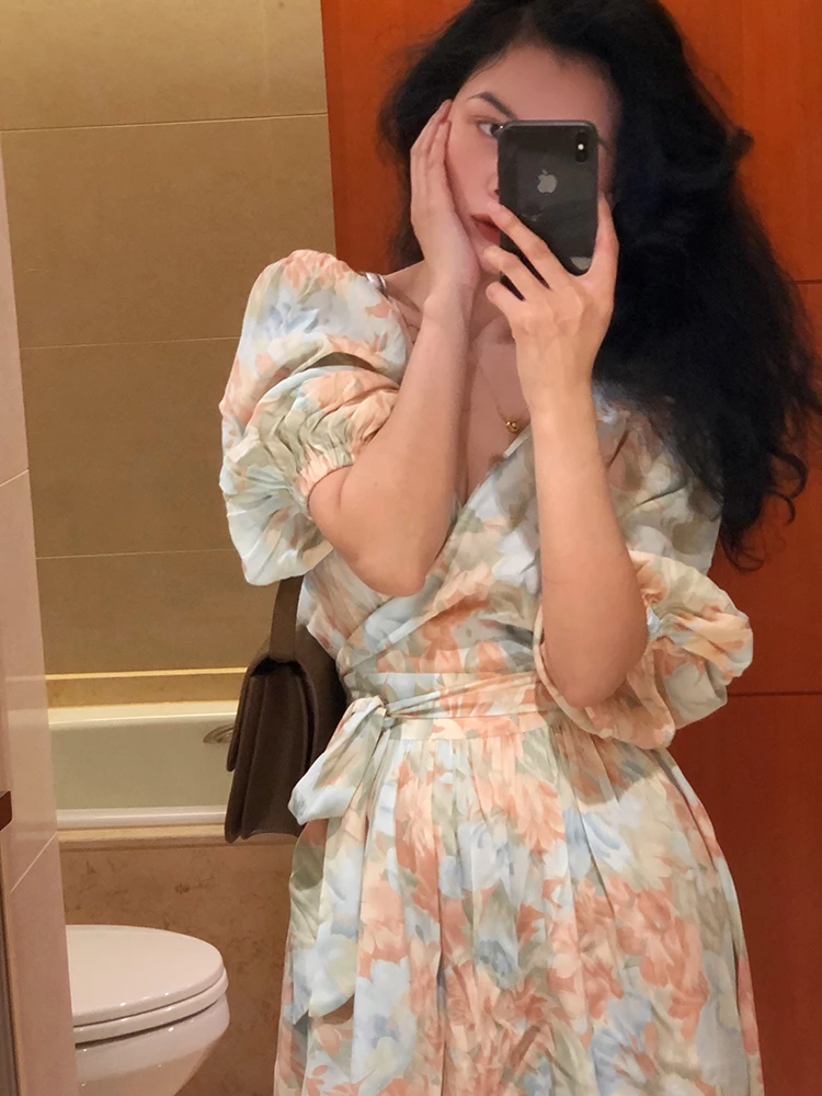 

New Summer French Dress Women High-waisted Puff Sleeve One-piece Bandage Elegant Dress Lady Retro Oil Painting Floral Dress
