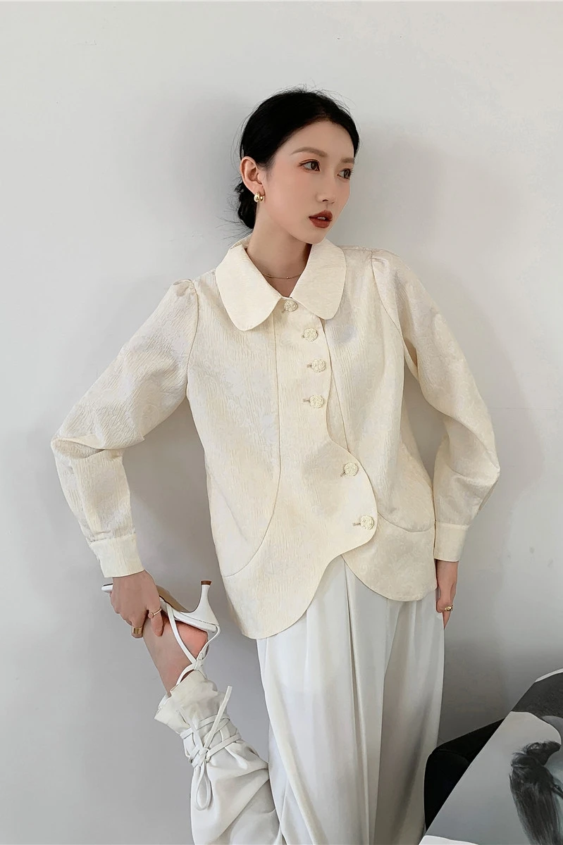 

Vintage Doll Collar Long-sleeved French Shirt 2021 Spring New All-match Solid Color Loose Top Ladies Blouses