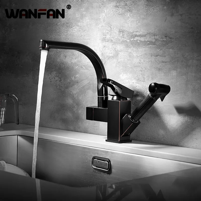 

Modern Kitchen Faucet Dual Spouts Pull Out Sink Faucet With Sprayer Gun 360 Swivel Kitchen Hot and Cold Water Mixer Tap N22-017