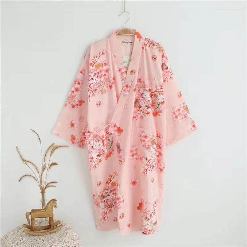 100% Cotton Kimono Night Gowns Women's Sleepwear Sexy Flower Belt Full Sleeve Robe Sweet Female Homewear Set Big Size