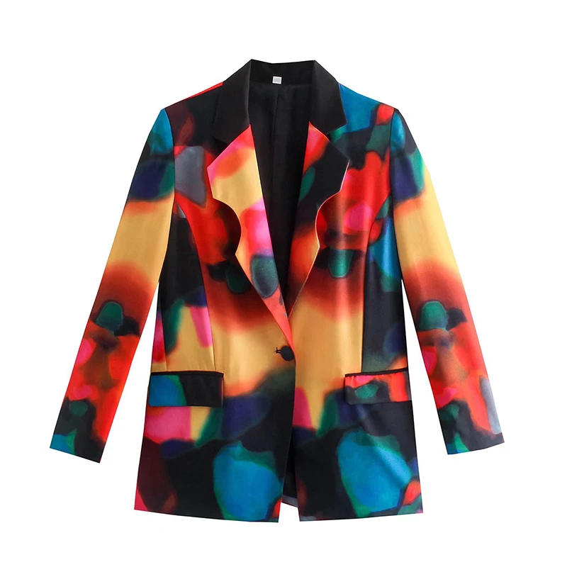 

YENKYE Women Vintage Multicolor Print Blazer Mujer Notched Collar Single Button Causal Autumn Suit Jacket Ladies Chic Outerwear