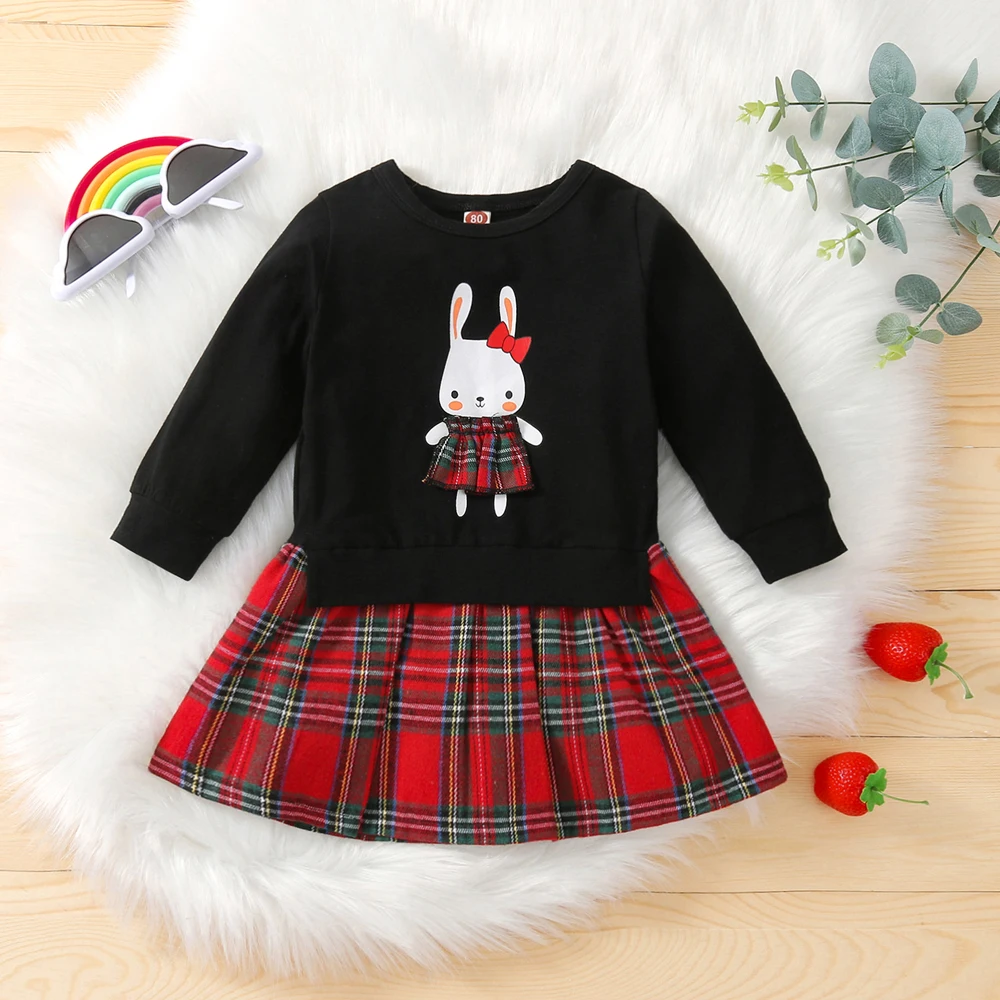 Baby and Toddler Dress Round Neck Long Sleeve Rabbit Pattern Black Top Red Plaid Skirt Suitable for 6 Months - 3 Years Old