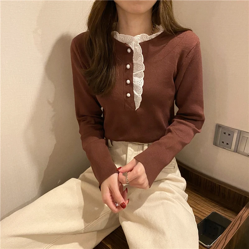 

Comelsexy 2020 Korean Sweet Knitwear Pullovers Lace Ruffles Chic Single Breasted Sweater Women All-match Long Sleeve Sueter Tops