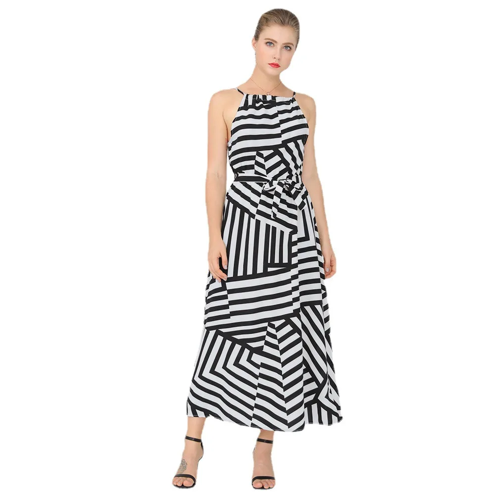 

Women's Long Striped Dresses Women Lace-up High Waist Casual Dress Ropa Mujer TJR947