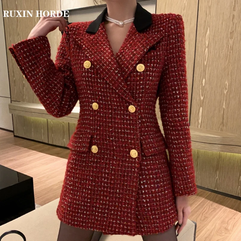 

Elegant Temperament V-Neck Double-Breasted Button Commuter 2021 Spring Ladies French New Fashion Red Suit Beautiful Waist Dress