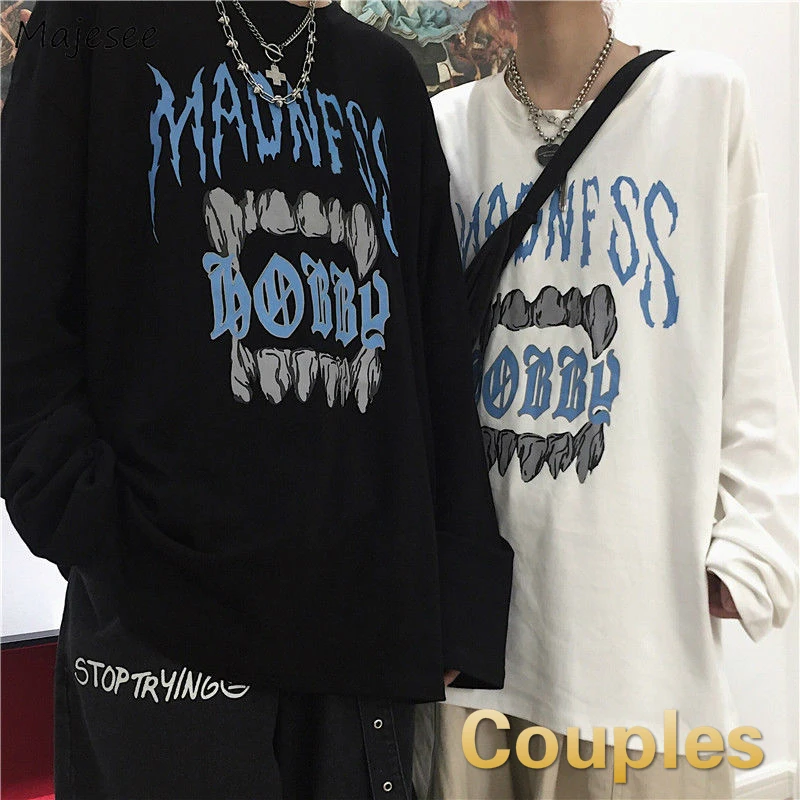 

Men Long Sleeve T-shirts Printed Leisure Chic Fashion BF Mens Tees Harajuku Plus Size 3XL Loose All-match Retro Basic Couples