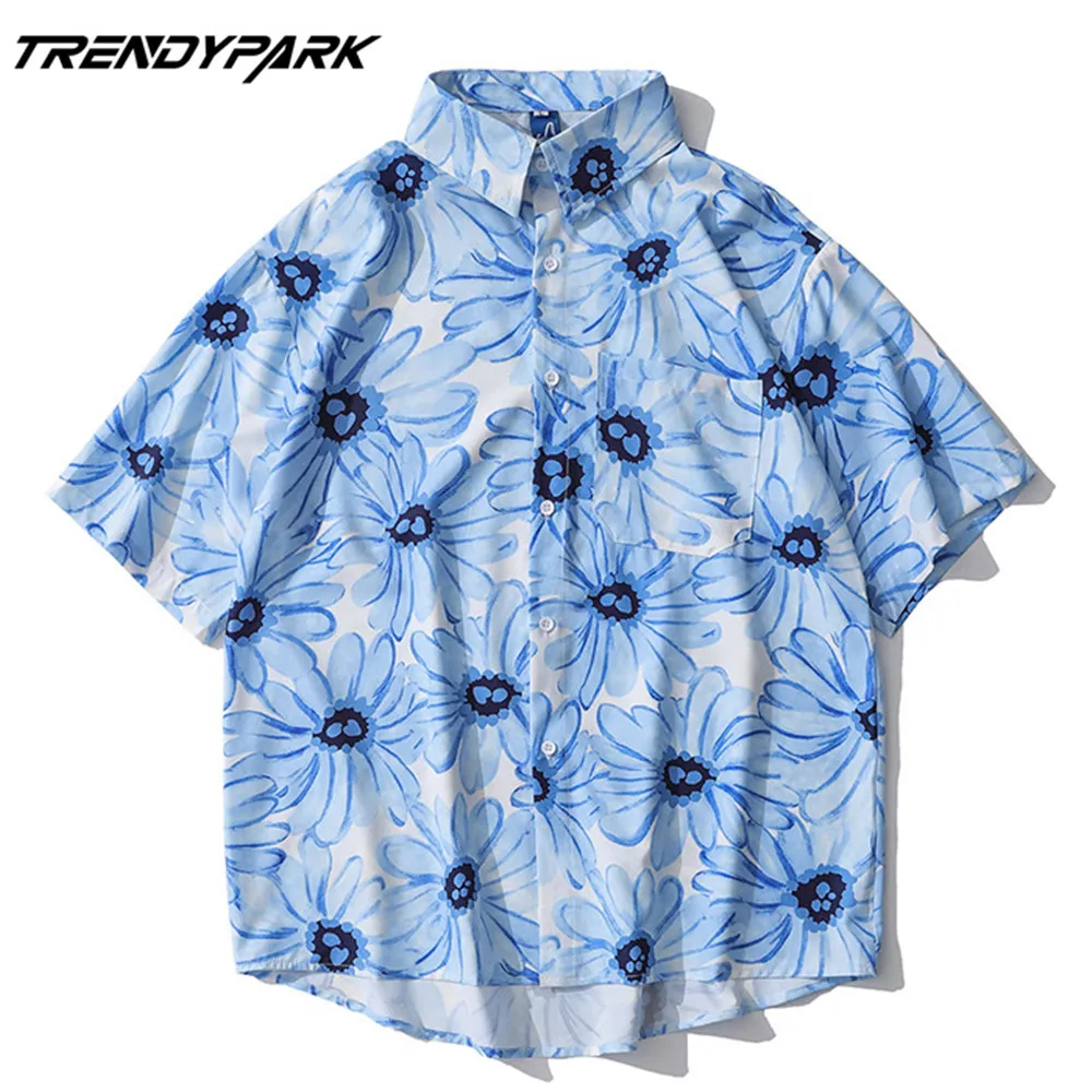 

Men's Shirt Summer Short Sleeve Printed Blouse Hip Hop Oversized Casual Harajuku Streetwear Single-breasted Collar Tops Shirts