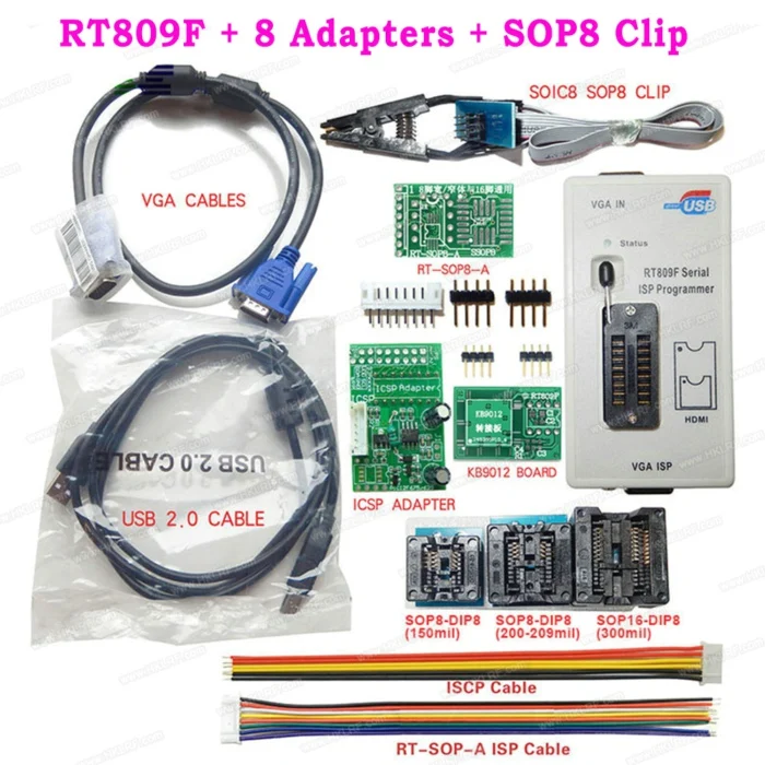 RT809F 8 Adapters RT809F EMMC-Nand FLASH Универсальный программатор+ PEB-1+ EDID+ ISP-DuPont-Header+ SOP8 IC клип материнская плата считыватель lcd - Цвет: RT809F 8 Adapters