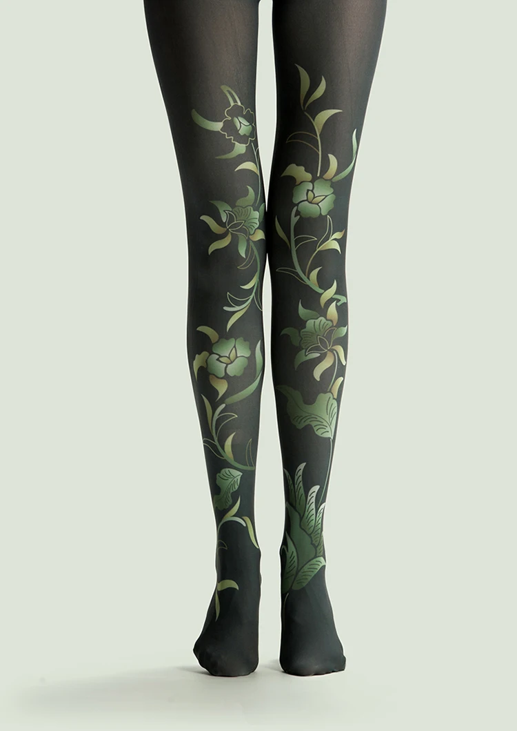 VP уникальный чулки Единорог зеленых растений Черные Колготки с рисунком Высокое