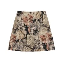 2022 autumn women short skirts chic cat fashion printing mini a line dress korean loose high waist zipper denim vintage skirts