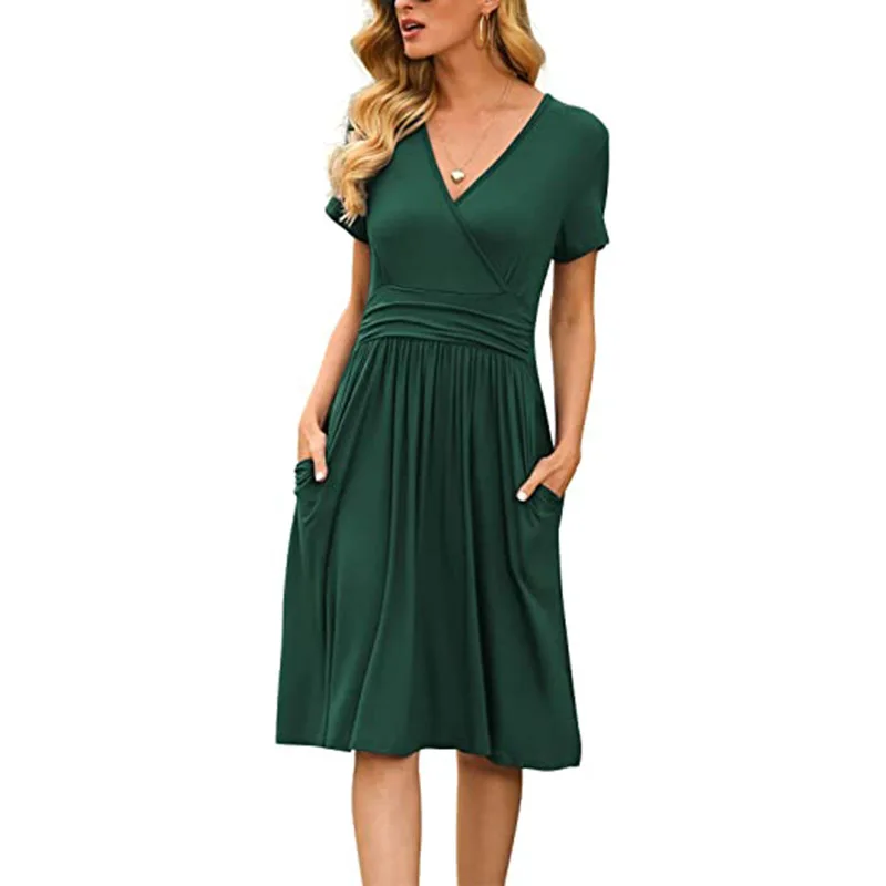 

Women V-Neck Short Sleeve Solid Color Dress Casual Pockets L-Line Mini Dresses 2021 New Summer High Elastic Dress Lady Vestidos