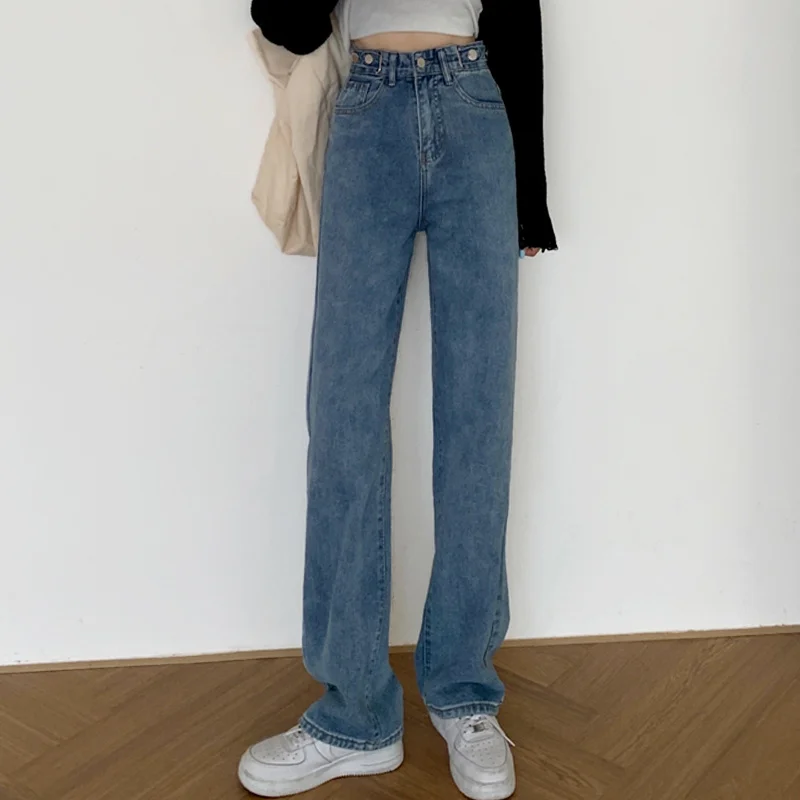 

Прямые женские джинсы с высокой талией, Новинка весна-осень 2021, маленькие свободные широкие брюки, тонкие и длинные брюки