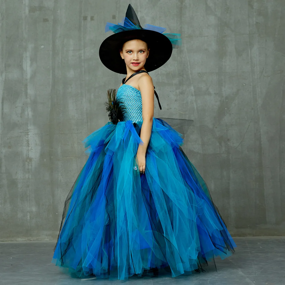 Girls Dress with Spirit Hat Children Peacock Clothing Christmas Party Tutu Princess Costume for Kids | Детская одежда и обувь