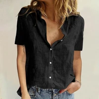 women shirt solid color turn down collar short sleeve single breasted blouse t shirt for office shirt women new 2021 black xxxl