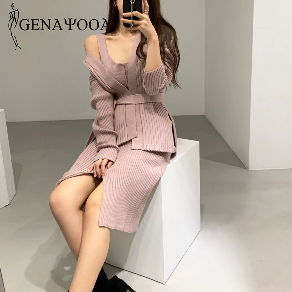 Genayoa женские зимние трикотажные костюмы бодикон сексуальные комплекты из 2