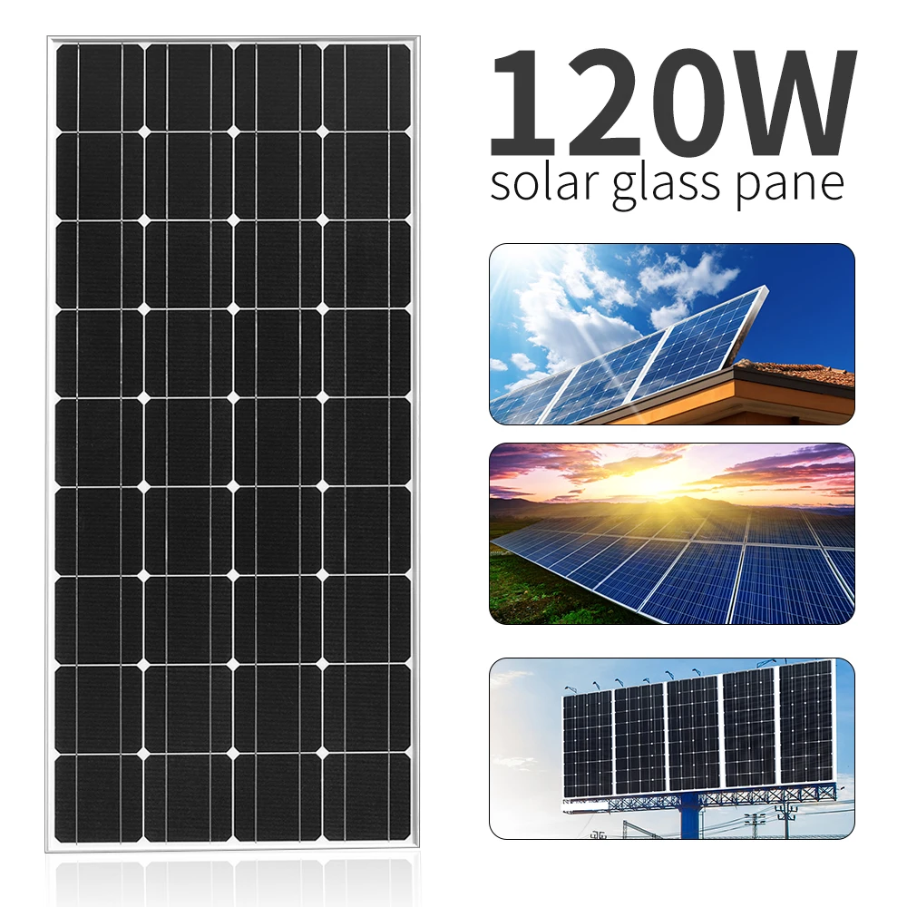 

Glass Solar Panel 120w 12V Temper Monocrystalline solar cells for home Boat hiking RV Caravan battery charger