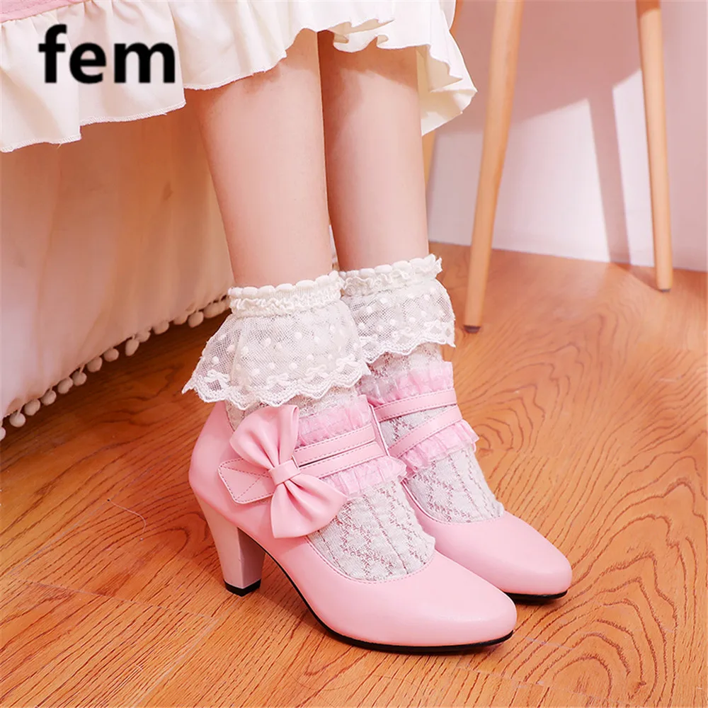 Adorable Woman Pumps Lolita Style Mary Janes Lace Shoes Women Butterfly Knot Spike Heels Pink Princes Shoes Hook Loop Block Heel