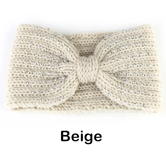 Beige Зимние Стразы, блестки, повязка на голову для женщин, трикотажный подогреватель чалма, закрывающая уши, головной убор, Панк шерсть, вязанные крючком повязки на голову, аксессуары для волос - Цвет: Beige