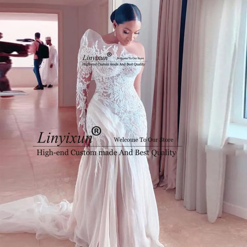 

2021 Retro Lace Long Sleeve Mermaid Wedding Dresses Saudi Arabia Illusion Pleat Garden Bridal Gown Vestido De Novia