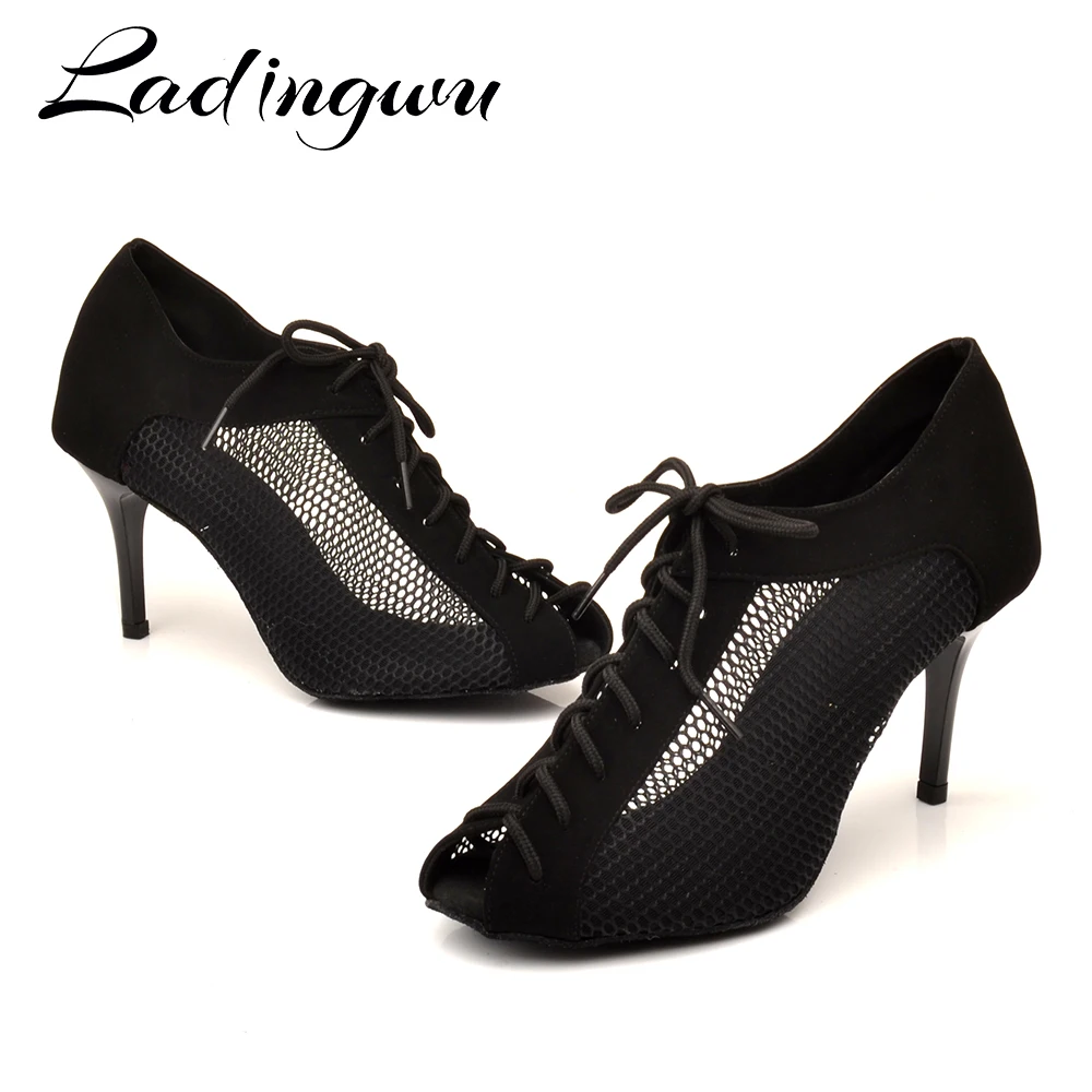Ladingwu Latin Dance Shoes Suede Plus Breathable Mesh Indoor Sport Dance Shoes Women Salsa Dance Shoes 8.5 cm metal heel