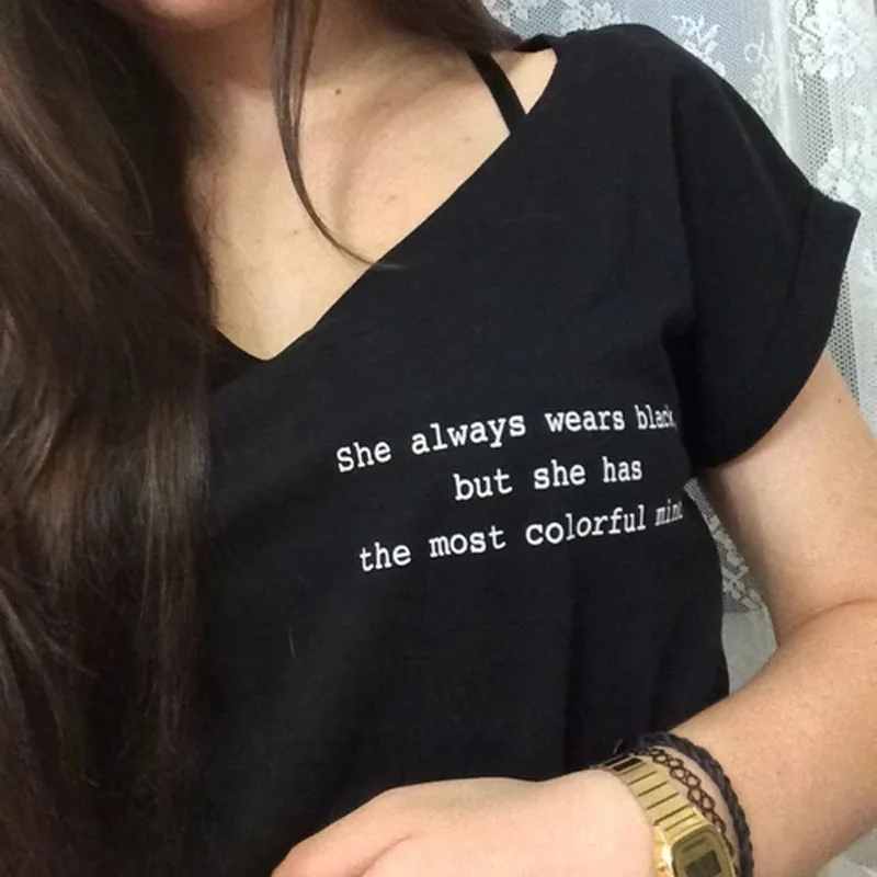 

She Always Wears Black But She Has The Most Colorful Mind T-Shirt Tumblr Hipster Grunge Aesthetic Streetwear 90s Punk Shirt