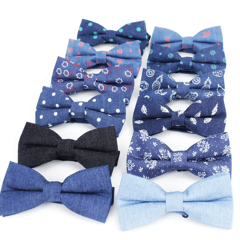 2020 Brand New Solid Color Cotton Bow Tie Flexible Denim Flower Dot Bowtie Smooth Necktie Soft Butterfly Pattern Navy Casual Tie