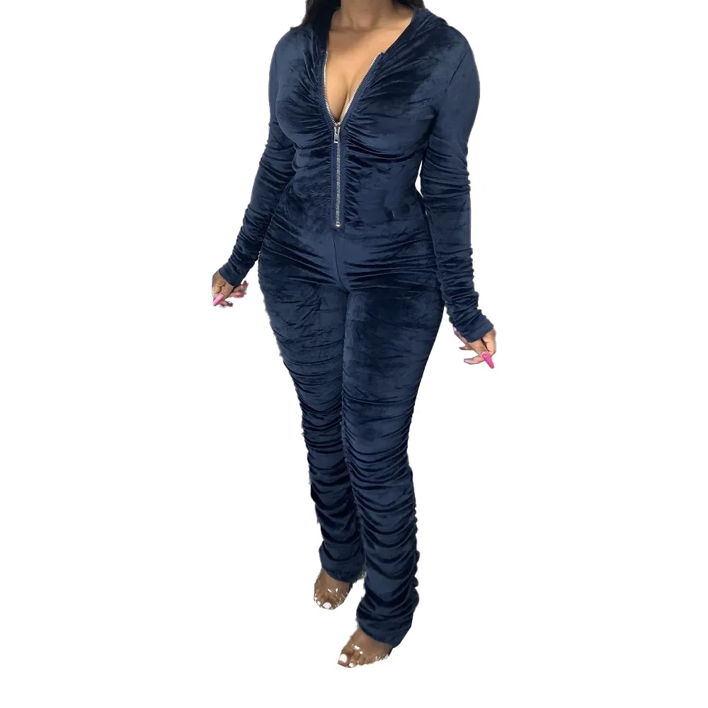 

Autumn Winter Women Gray Jumpsuit Stacked Pants Casual Hooded Long Sleeve Black Bodysuit Lady Sexy Front Zipper Bodycon Jumpsuit
