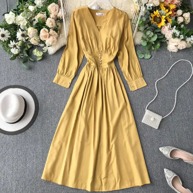 2019 Новое весенне осеннее винтажное платье женское тонкое с длинным рукавом v