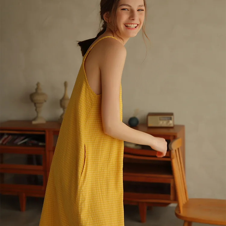 Новинка 100% хлопок и лен Ночное платье для женщины Имбирно жёлтый Пижама