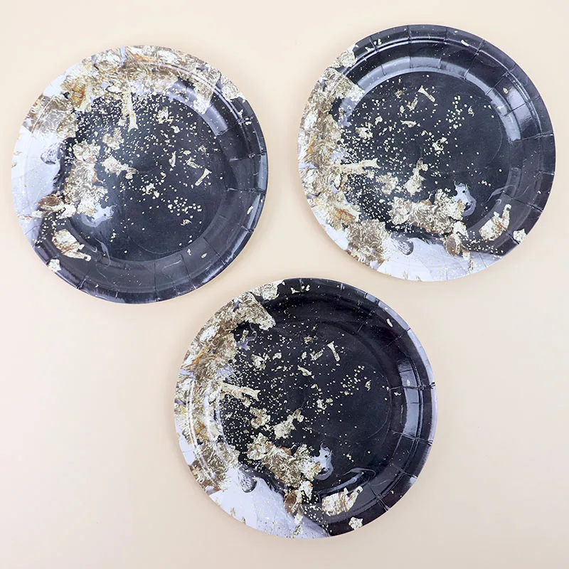 Позолоченная одноразовая посуда черная мраморная плитка свадебное украшение