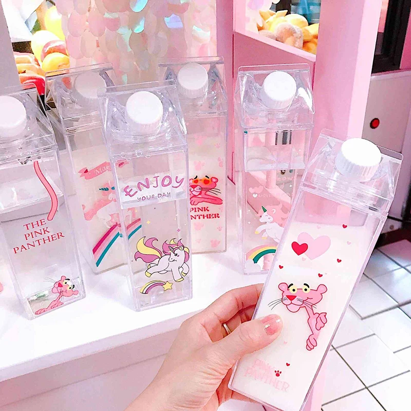

500ml Creative Plastic Clear Milk Carton Water Bottles Cute Cartoon Plastique Transparent Milk Box BPA Free Water Cups