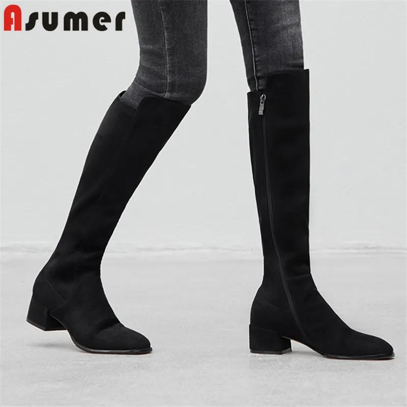 

ASUMER 2021 new arrival knee high boots women flock round toe autumn winter long boots fashion low heel shoes woman black