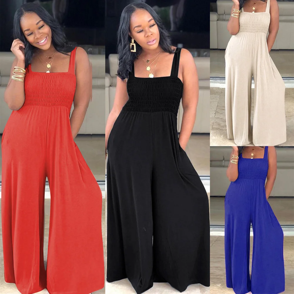 

Size 2020 Women's Casual Solid Square Neck Loose Sleeveless Wide Leg Jumpsuit