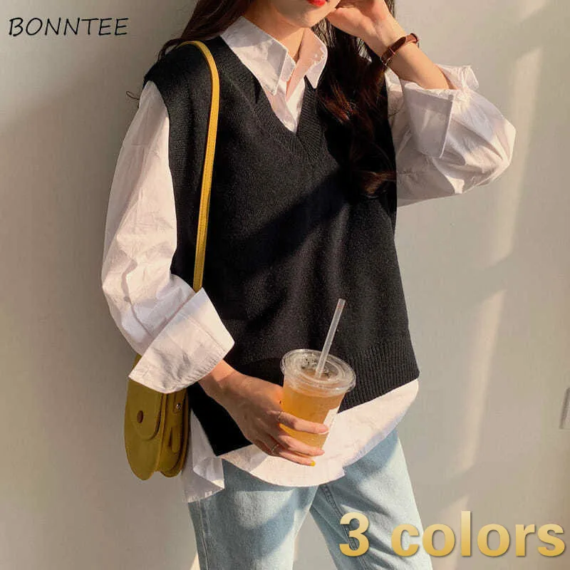 

Sweater Vest Women Elegant Solid Fashion College Girls V-neck Loose Spring Ladies Knitwear BF Style Popular Clothing Sleeveless