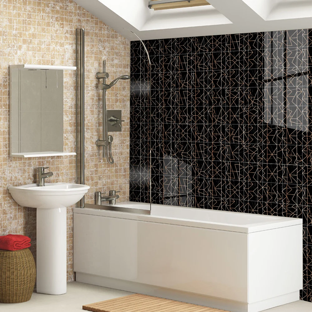 

Artistic gold line black tile stickers Stair wall adhesive-free self-adhesive wallpaper Bathroom moisture-proof stickers
